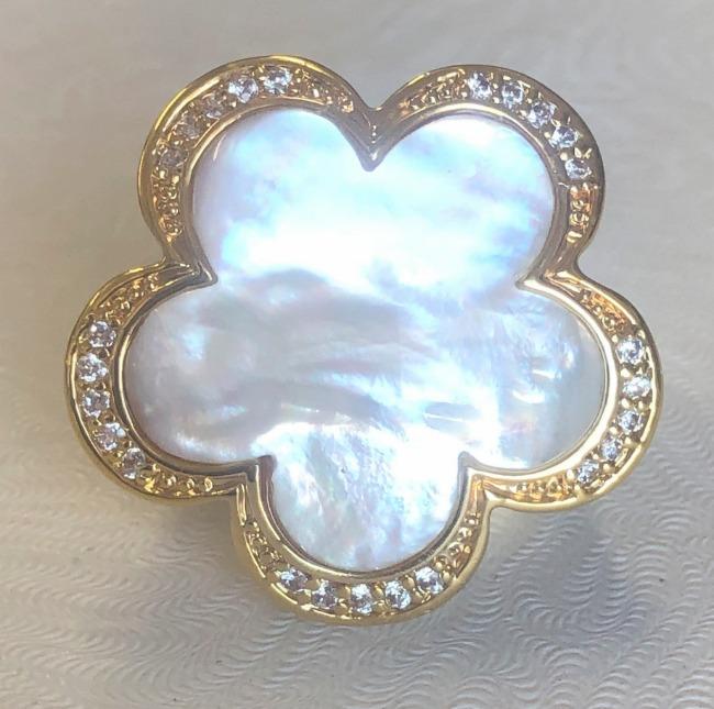 Five Leaf genuine Shell Pearl Clover framed by Zirconite Cubic Zirconia new Ring. 501R40325 | Yaacov Hassidim