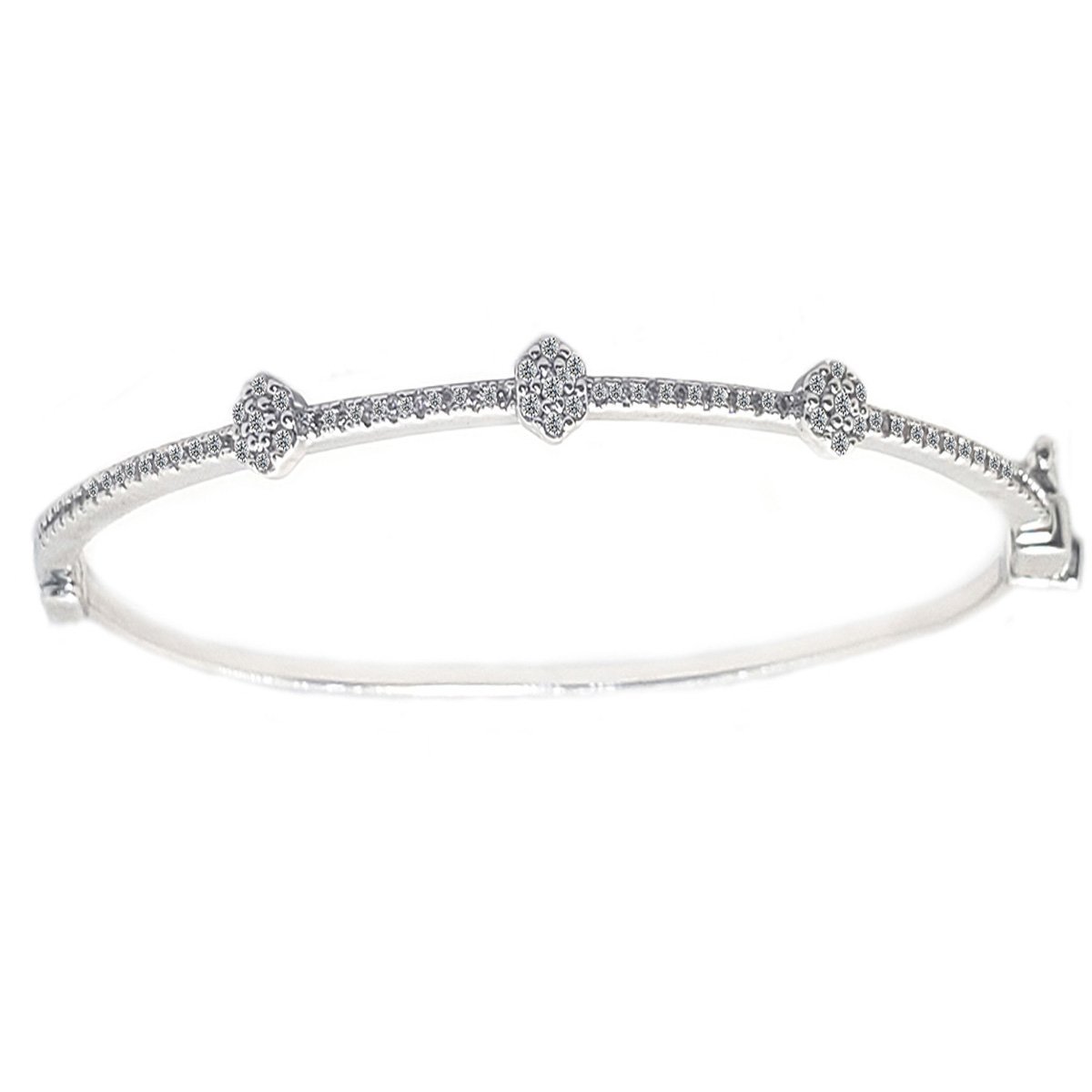 Hinged Zirconite Cubic Zirconia 3-Stations Slender Rhodium Bangle Bracelet