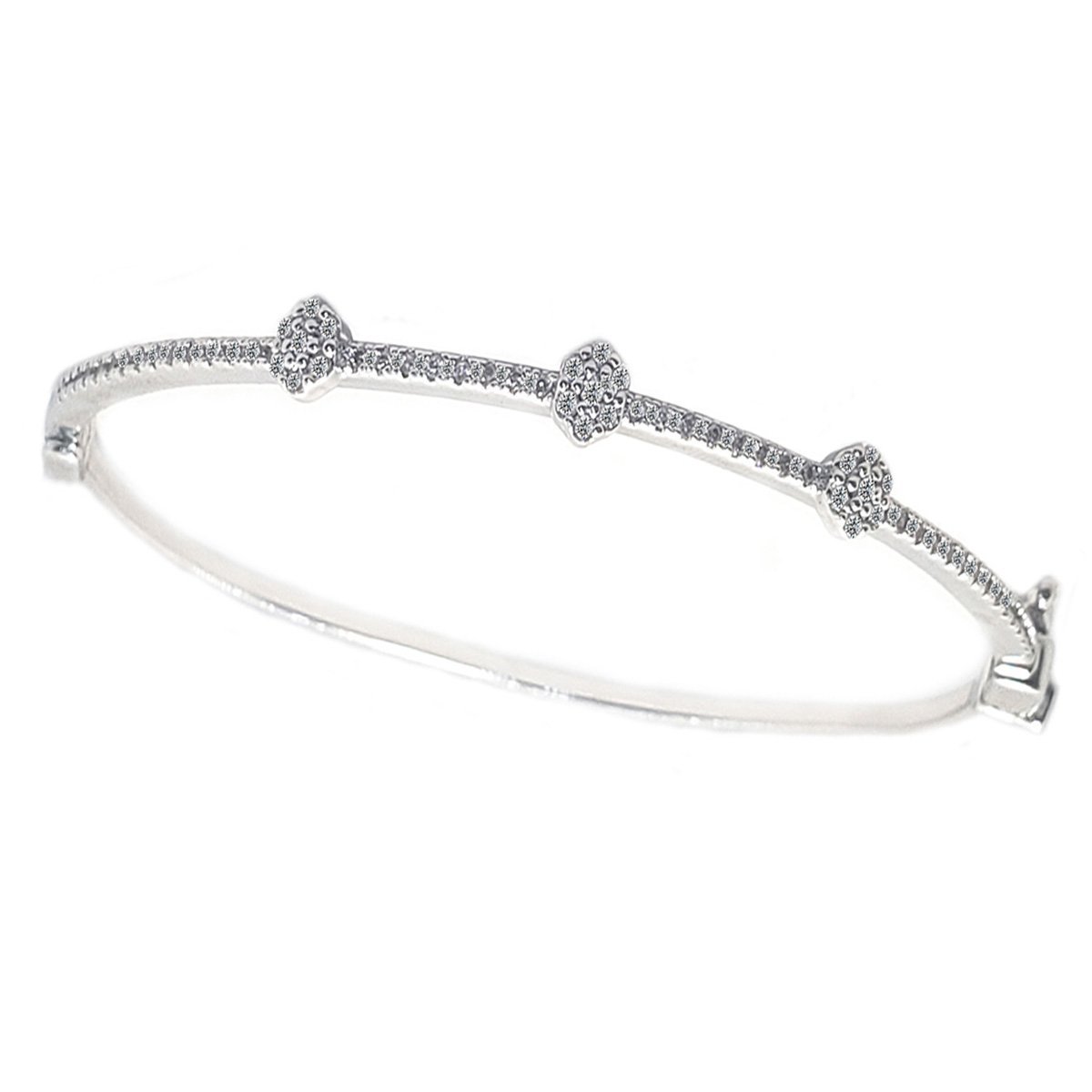 Hinged Zirconite Cubic Zirconia 3-Stations Slender Rhodium Bangle Bracelet