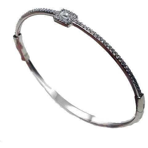 Hinged Zirconite Cubic Zirconia Square center Slender Rhodium Bangle Bracelet
