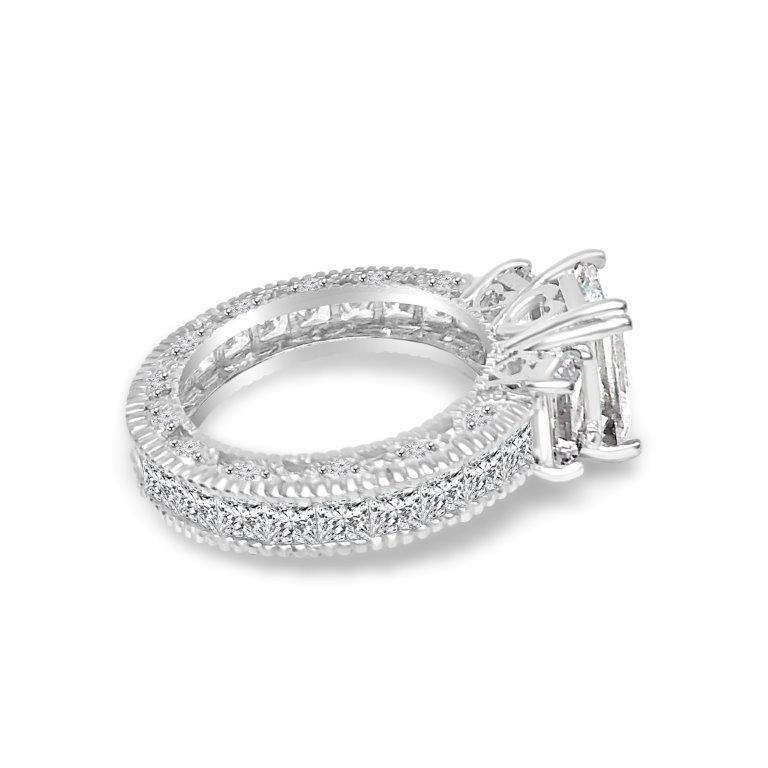 Intensely brilliant 1.5CT Emerald Diamond Veneer Cubic Zirconia Sterling Silver Filigree Eternity band Ring Set