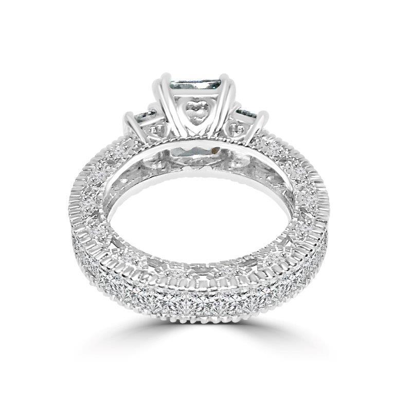 Intensely brilliant 1.5CT Emerald Diamond Veneer Cubic Zirconia Sterling Silver Filigree Eternity band Ring Set