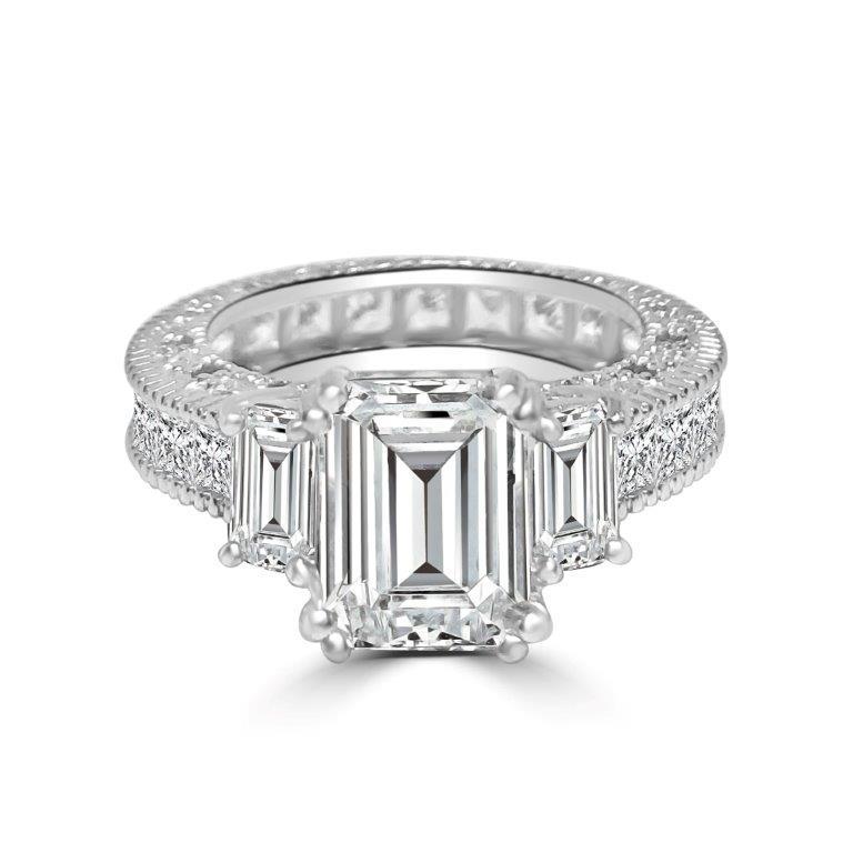 Intensely brilliant 1.5CT Emerald Diamond Veneer Cubic Zirconia Sterling Silver Filigree Eternity band Ring Set