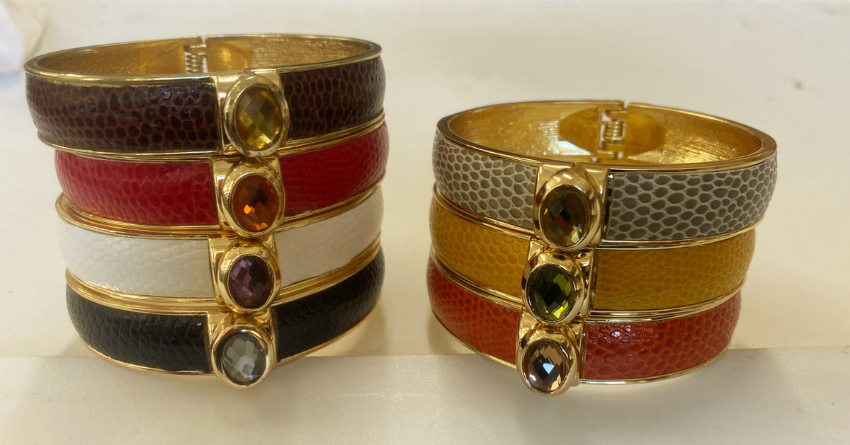 Oval jeweled snakeskin leather hinged bangle bracelet by Zirconite, alternate view, 629B82033