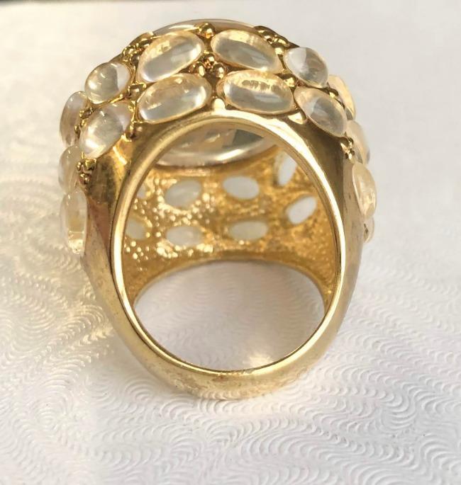 Oversized Designer Clear Resin-Top Art Deco style Mirror polished Gold Ring. 501RL0344