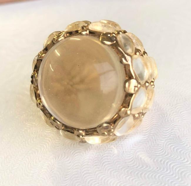 Oversized Designer Clear Resin-Top Art Deco style Mirror polished Gold Ring. 501RL0344