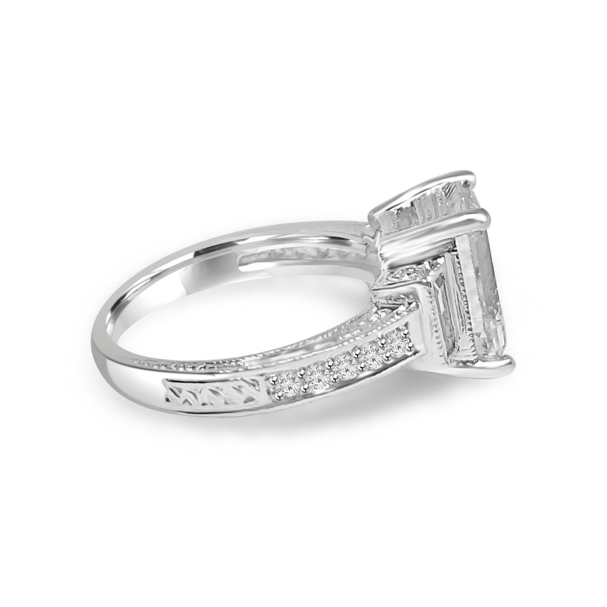 Three-stone emerald-cut cubic zirconia engagement ring, alternate view, 635R71197