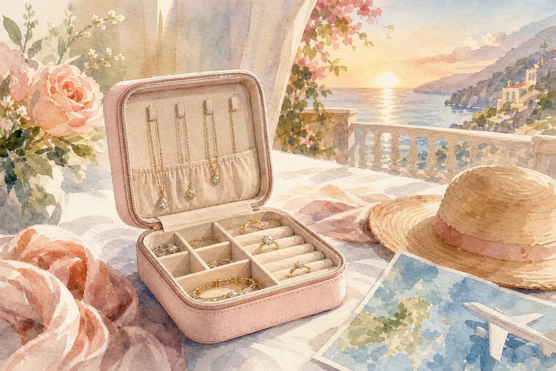 Editorial illustration for Best Travel Jewelry Case for Honeymoon Gifts