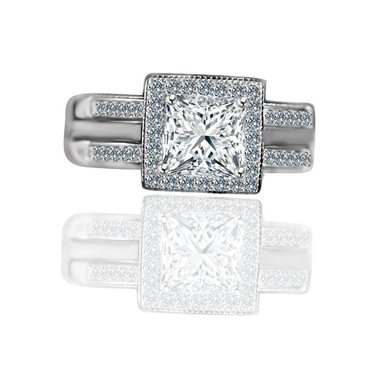 1 CT. Intensely Radiant Princess Cut Square Diamond Veneer Cubic Zirconia with Halo Ring Housed in a Double Band Jacket Sterling Silver Engagement/Wedding Ring. 635R4012