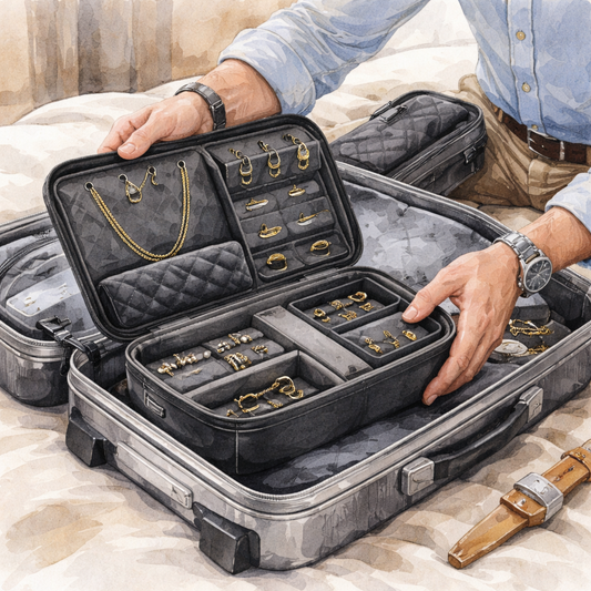 A watercolor illustration of a man packing a sleek travel jewelry organizer into a carry‑on suitcase, showing compartments for necklaces, rings, and cufflinks. Alt: diamond veneer travel jewelry organizer for men packing guide