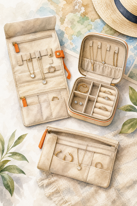 Watercolor illustration of three travel jewelry organizer styles: a roll, a clamshell case, and a pouch, with compartments visible. Alt: Comparison of diamond veneer travel jewelry organizer styles - roll, clamshell, pouch.
