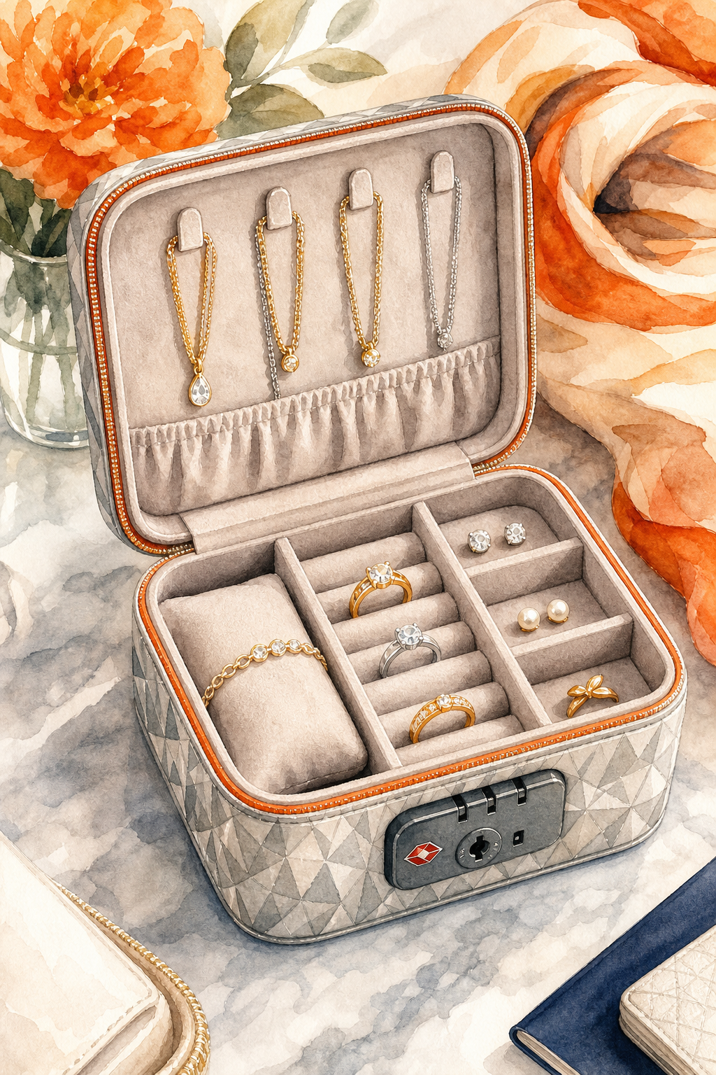 diamond veneer travel jewelry organizer with TSA lock compartments