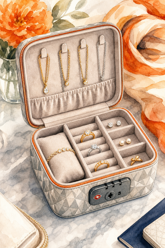 diamond veneer travel jewelry organizer with TSA lock compartments