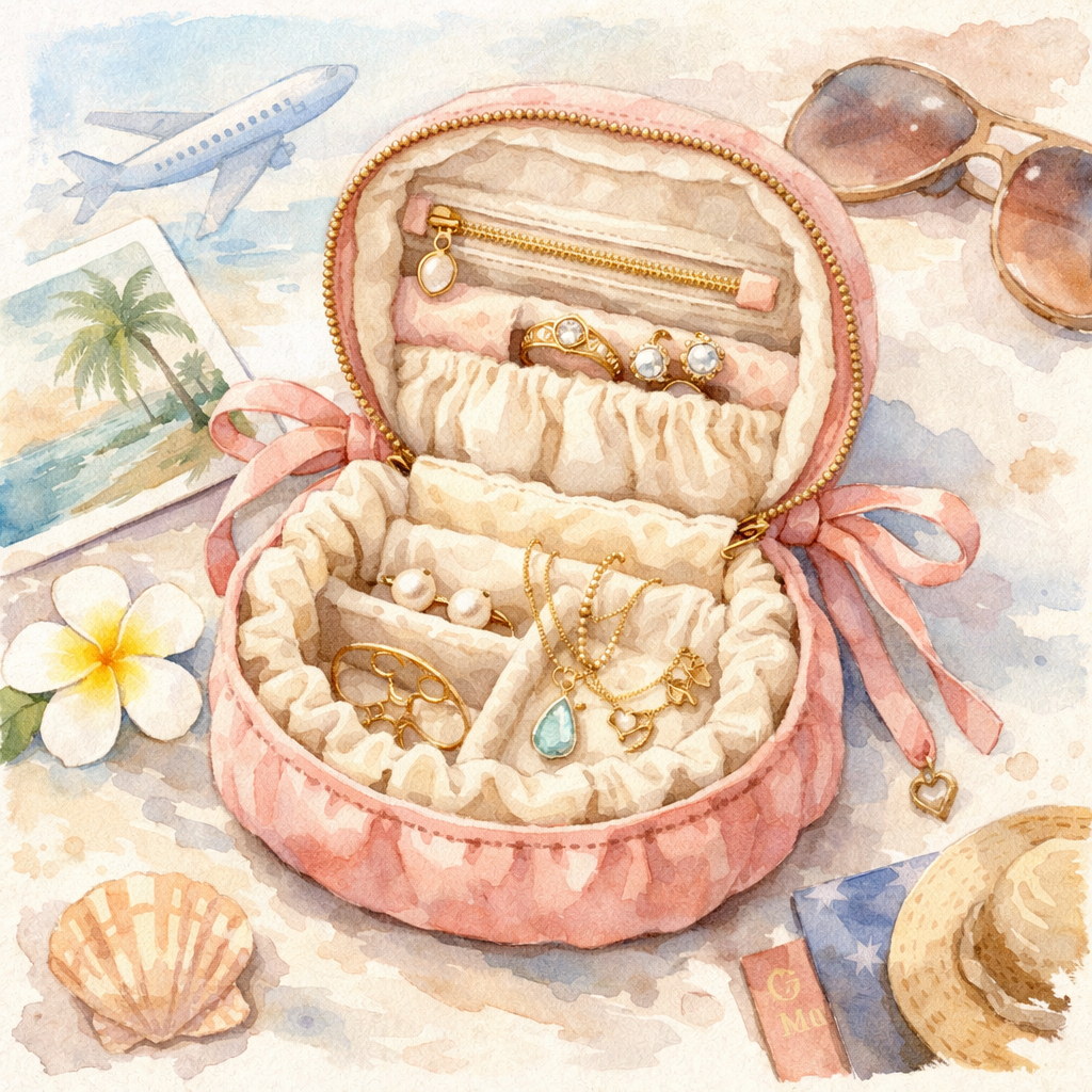 Watercolor illustration of a delicate travel jewelry pouch with soft velvet lining, alt: lightweight travel jewelry pouch for honeymoon
