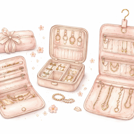 Watercolor illustration of a travel jewelry organizer lineup, showing a roll, a box, and a hanging pouch, with soft pastel colors and delicate lines. Alt: variety of travel jewelry organizer types