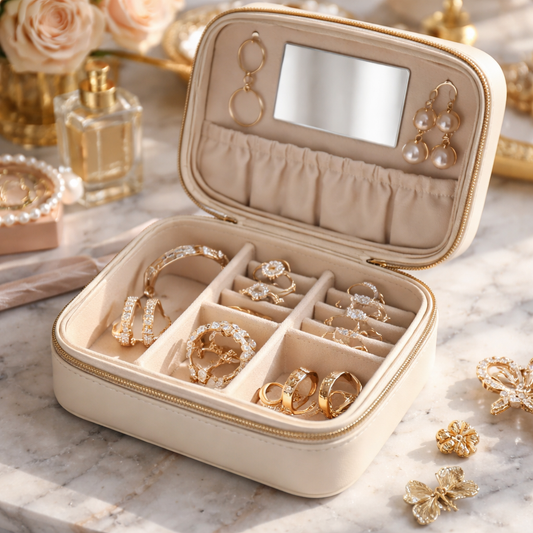 A photorealistic close‑up of an open travel jewelry box on a marble vanity, showing neatly arranged rings, earrings, and a cuff bracelet; soft natural lighting; realism style; appealing to fashionable women travelers.