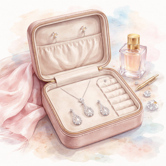 A watercolor illustration of a sleek travel jewelry case open to reveal a pendant and earrings, soft pastel tones, alt: diamond veneer travel jewelry set for business travel