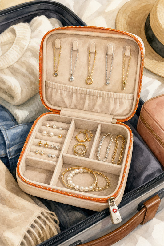 Watercolor illustration of a travel jewelry organizer open with necklaces, earrings, and bracelets neatly arranged inside, a TSA lock visible on the zipper pull, soft velvet lining, and a compact size fitting into a carry‑on suitcase, alt="travel jewelry