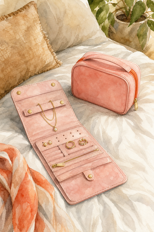 A watercolor illustration showing various travel jewelry organizers arranged on a pastel pink background, including a roll, a hard case, and a pouch. Alt: travel jewelry organizer types for Amazon buying guide