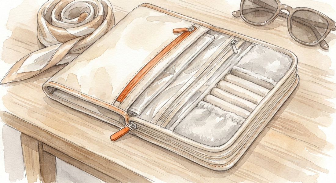 Watercolor illustration of a sleek travel jewelry organizer with zippered compartments, soft interior fabric, and a compact silhouette. Alt: travel jewelry organizer for women