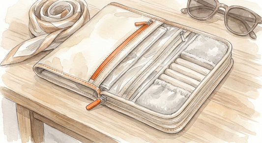 Watercolor illustration of a sleek travel jewelry organizer with zippered compartments, soft interior fabric, and a compact silhouette. Alt: travel jewelry organizer for women