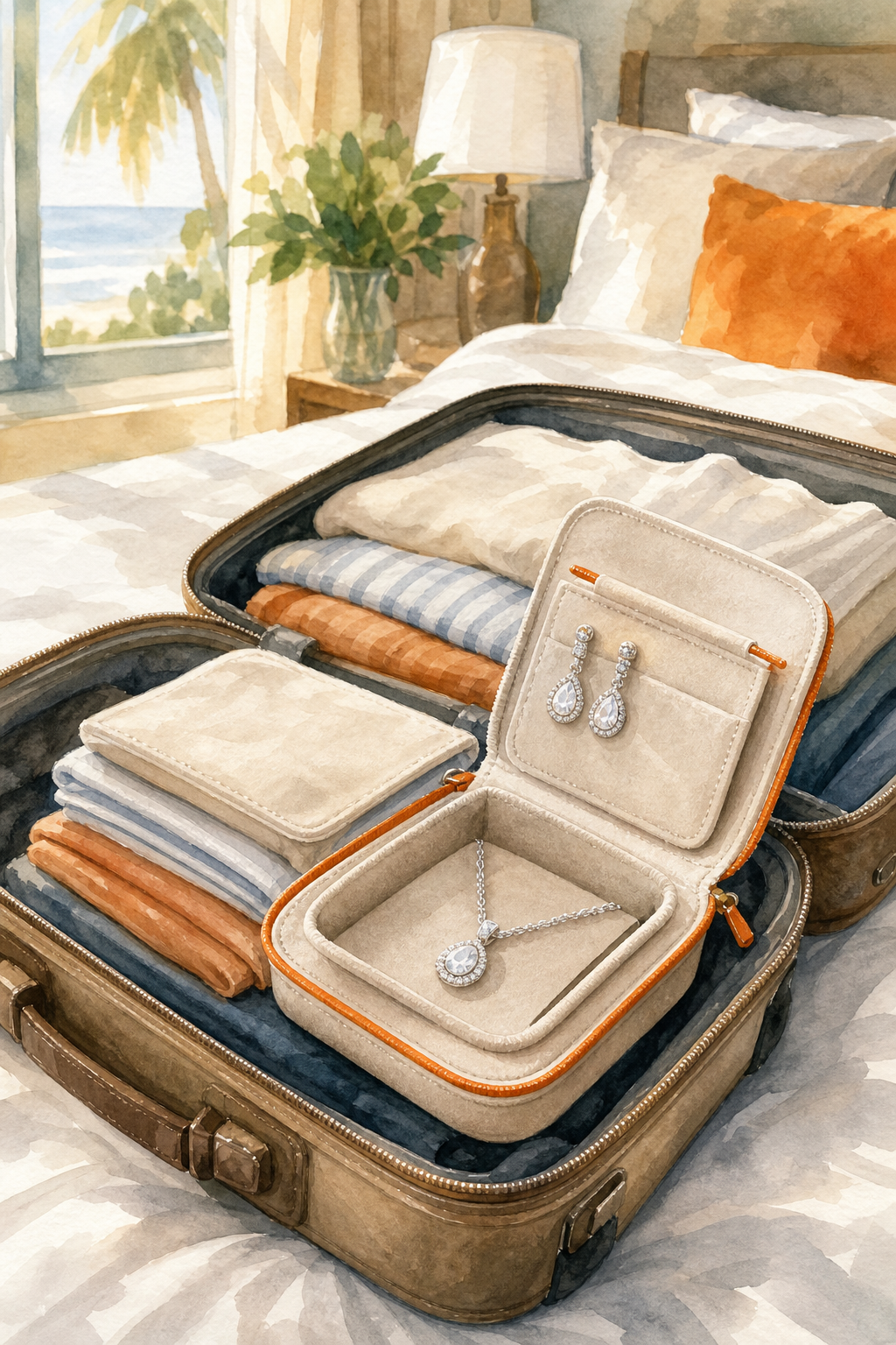 travel jewelry organizer with RFID protection holding simulated diamond earrings and pendant in a packed suitcase.