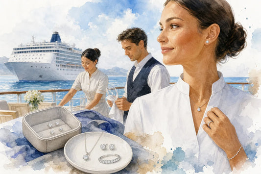 Editorial illustration for Best diamond veneer travel jewelry for cruise ship staff
