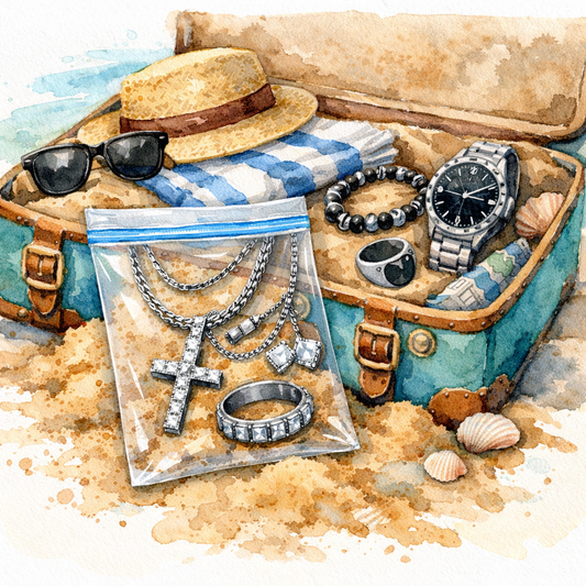 Watercolor illustration of a beach suitcase with a zip‑lock bag holding jewelry, soft sand spilling out, alt: diamond veneer travel jewelry set for beach vacation men packing guide