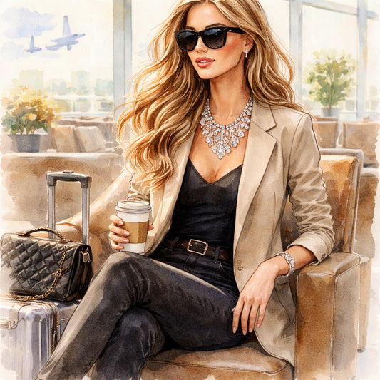 diamond veneer jewelry travel outfit ideas featuring statement necklace.