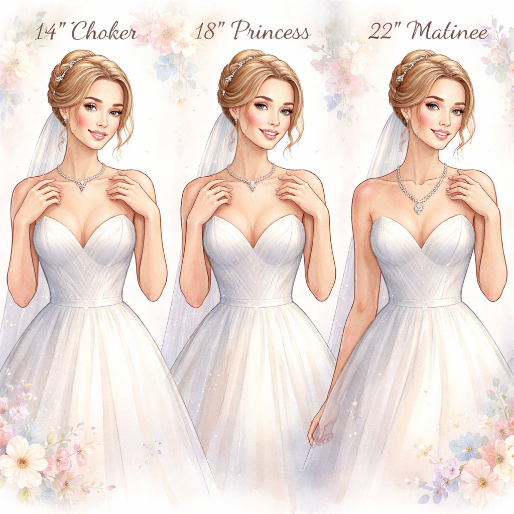 Watercolor illustration of a bride trying on different necklace lengths with a flowing A‑line gown, alt: diamond veneer 