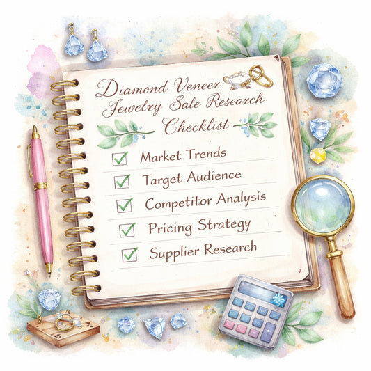 Watercolor illustration of a notebook with a checklist, alt: diamond veneer jewelry sale research checklist