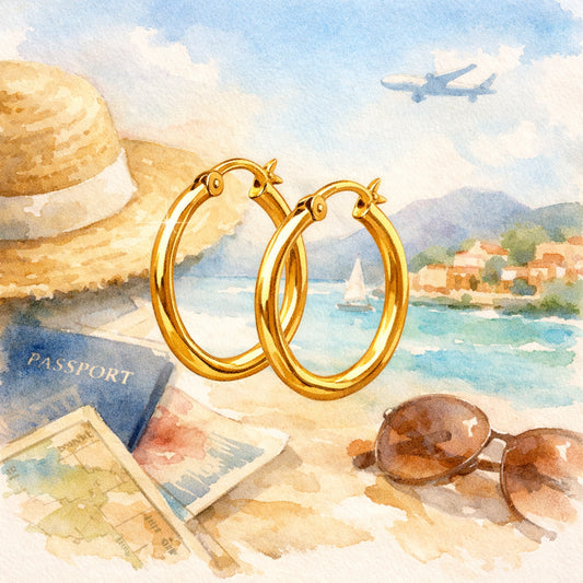 Watercolor illustration of elegant gold hoop earrings glinting against a soft travel backdrop, alt: minimalist gold hoop
