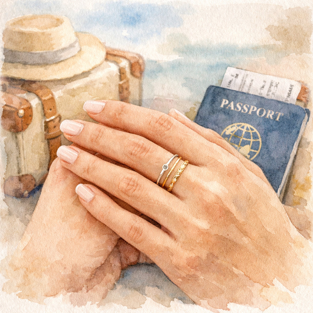 Minimalist stackable travel rings in silver and gold for globetrotters.