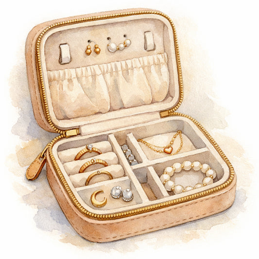 Watercolor illustration of a minimalist leather travel jewelry case with soft interior compartments, alt: "minimalist tr