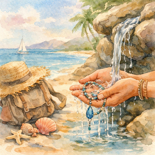 Watercolor illustration of a beach scene with a traveler gently rinsing a necklace under a clear water stream, soft past