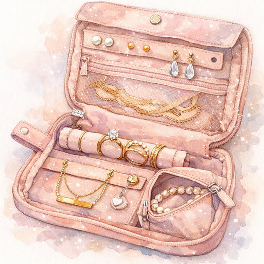 A watercolor illustration of a sleek travel jewelry pouch made of soft microfiber nylon, showing interior compartments a