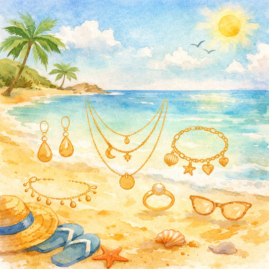 Watercolor illustration of a sunny beach with delicate jewelry silhouettes floating above the sand, alt: beach travel je