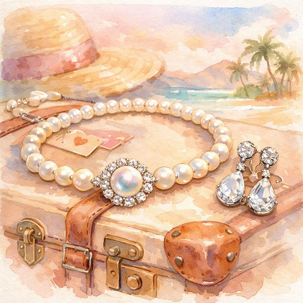 Watercolor illustration of a pearl necklace and diamond earrings resting on a travel suitcase, soft pastel tones, alt: r
