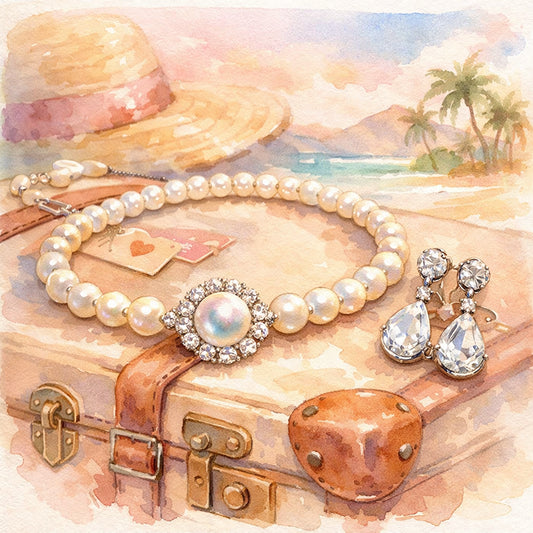 Watercolor illustration of a pearl necklace and diamond earrings resting on a travel suitcase, soft pastel tones, alt: r