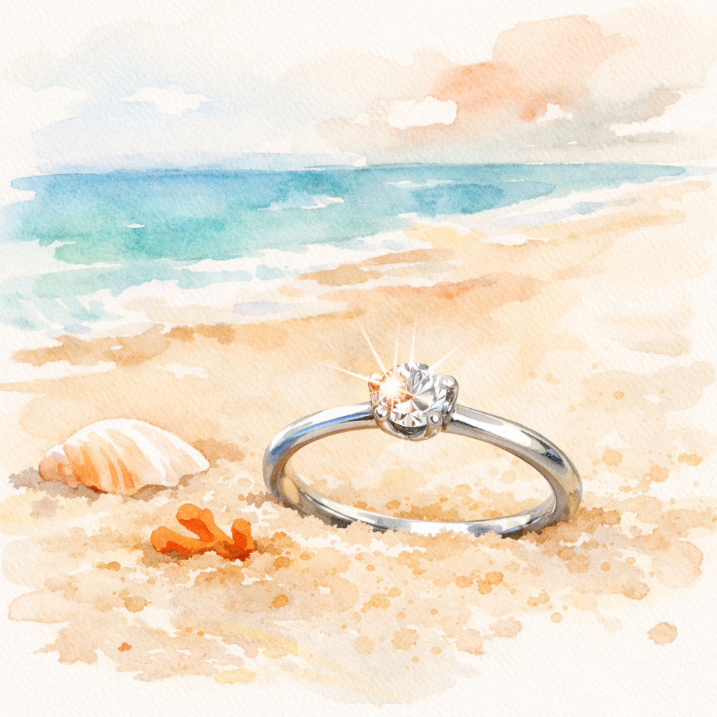 A watercolor illustration of a delicate ring glinting on a sandy beach, soft pastel tones, focus on the sparkle of a sin