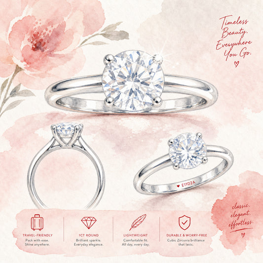 classic 1CT round cubic zirconia engagement ring travel-friendly design
