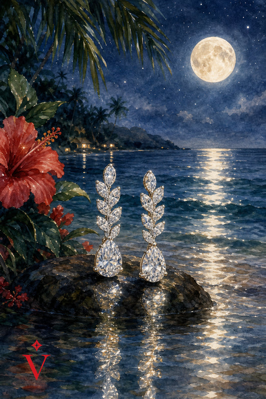 Watercolor illustration of tropical night scene with shimmering earrings reflected in moonlit ocean, alt="Radiant diamon