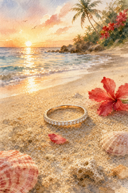 Watercolor illustration of a delicate round ring resting on a sandy beach, soft sunrise light, elegant yet simple, alt="