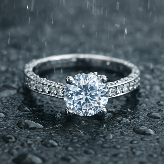 A close‑up of a cubic zirconia ring in a rainy setting, highlighting the bead‑off effect. Alt: Cubic zirconia ring water interaction