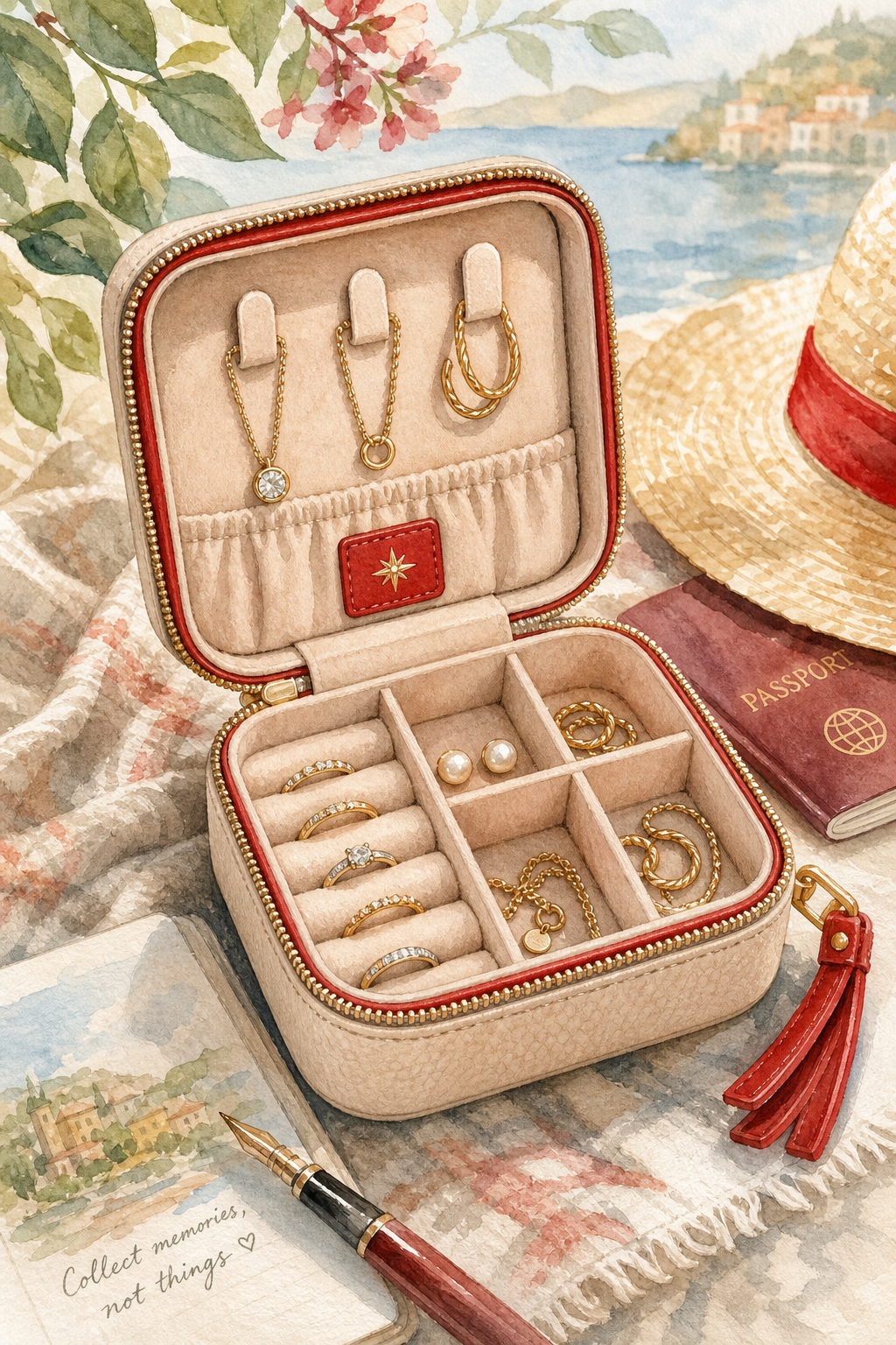 Watercolor illustration of a compact, elegant travel jewelry case with soft leather texture and interior compartments, a