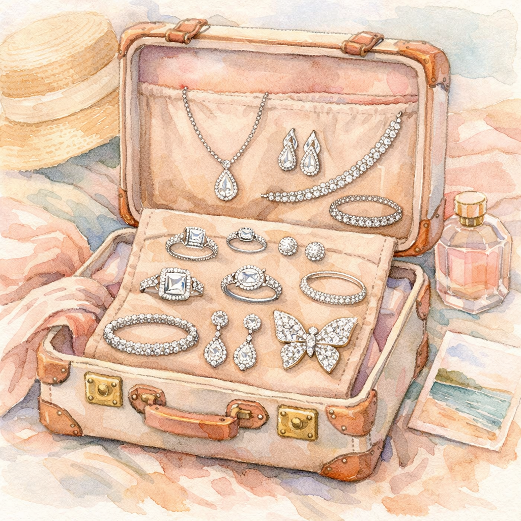 Watercolor illustration of a traveler's open suitcase with elegant jewelry pieces laid out, soft pastel tones, alt="diamond veneer travel jewelry set for weekend getaways"