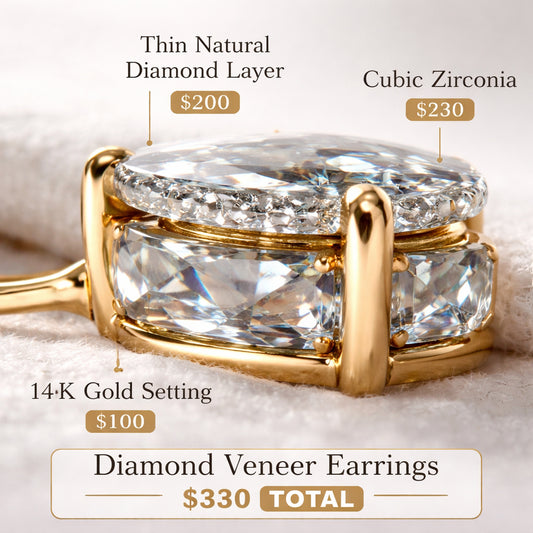 A photorealistic close‑up of a diamond veneer earring cross‑section, showing the thin natural diamond layer over cubic zirconia, set in 14K gold, on a soft white background. Alt: diamond veneer earrings price detail.