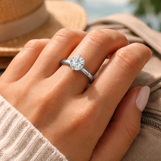 A photorealistic close‑up of a diamond veneer engagement ring on a travel‑ready woman's hand, showing a sleek solitaire set in sterling silver against a soft, natural background. Alt: diamond veneer engagement ring style guide