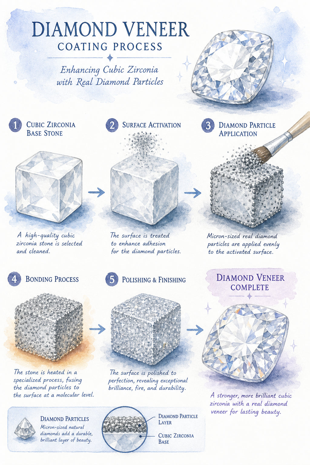 A watercolor illustration of a cubic zirconia crystal being coated with tiny diamond particles, showing the process of diamond veneer application. Alt: Diamond veneer coating process on cubic zirconia