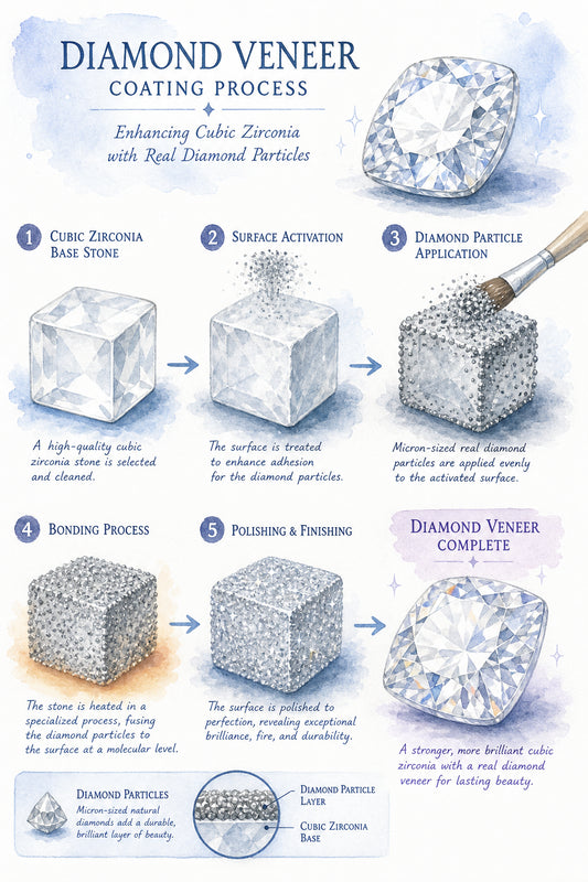 A watercolor illustration of a cubic zirconia crystal being coated with tiny diamond particles, showing the process of diamond veneer application. Alt: Diamond veneer coating process on cubic zirconia